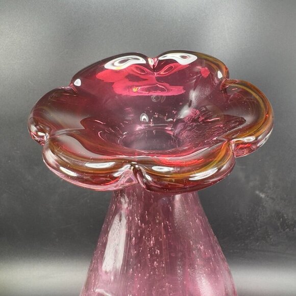 Large Art Glass Vase Vessel Pink Flower Shape Vas With Air Bubbles All Over Vase - Picture 16 of 16